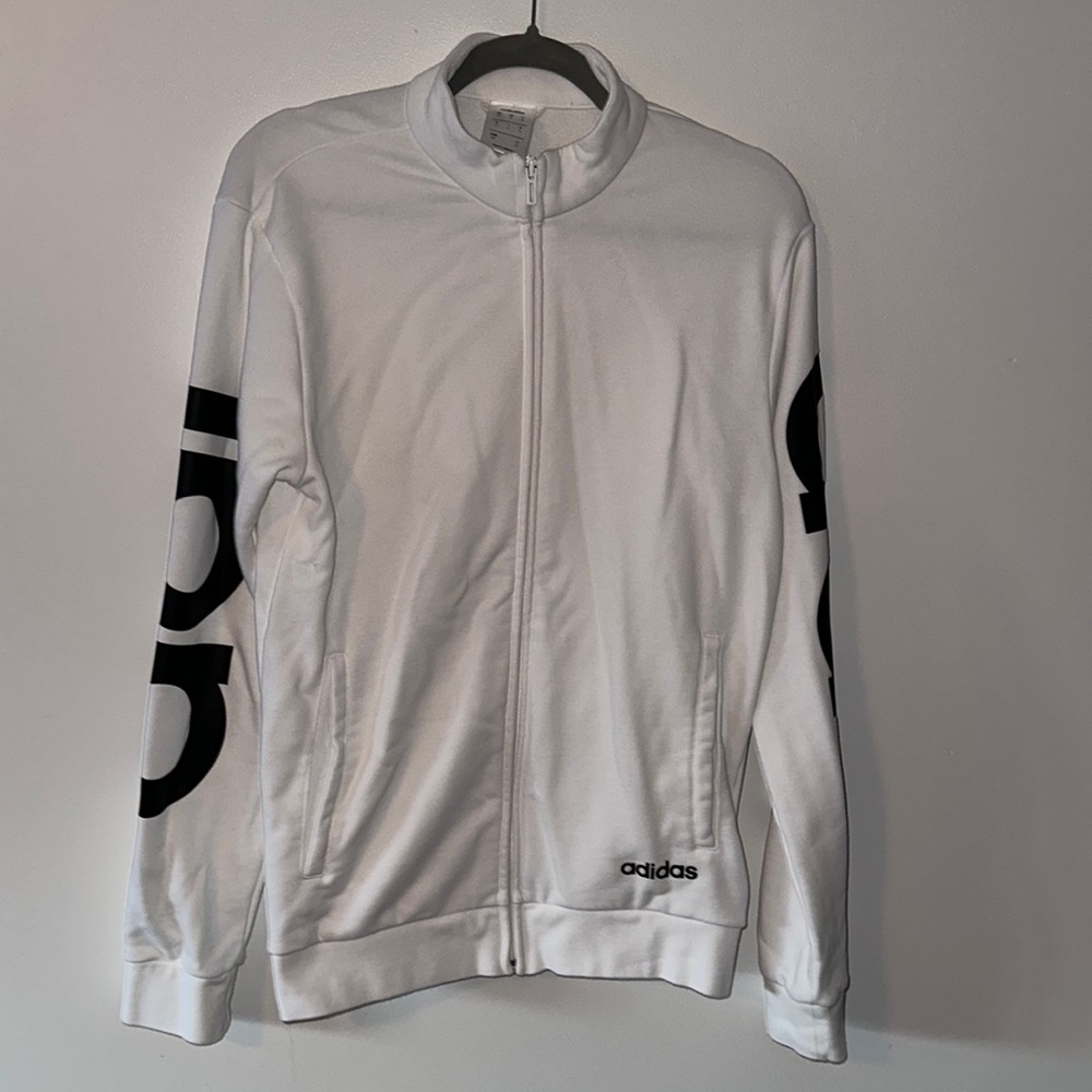 Adidas women unisex zip up sweatshirt small white with black letters